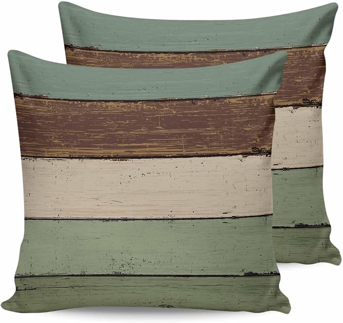 Vandarllin Outdoor Throw Pillow Covers 24X24 Set of 2 Waterproof Sage Green Brown Decorative Zippered Cushion Covers for Patio Furniture, Farmhouse Retro Rustic Barn Wood Texture Lumbar Pillowcases