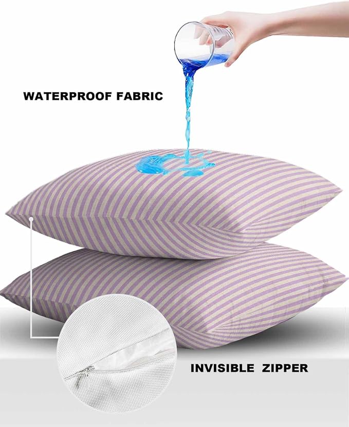 Outdoor Waterproof Throw Pillow Covers Set of 2 Purple Stripes Pillowcases 20x20 Inches Linen Classic Vertical Striped Patio Decorative Pillows Cushion Case Patio Pillows for Couch Bed Chair Garden