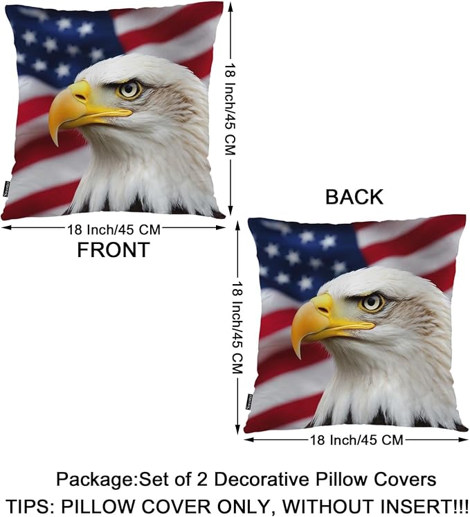 Swono American Bald Eagle Pack of 2 Throw Pillow Cases, Eagle On USA Flag Cozy Pillow Cover Square 18"X18" Cushion Case Set Pillowcase Decorative for Home Sofa Bedroom Car Office
