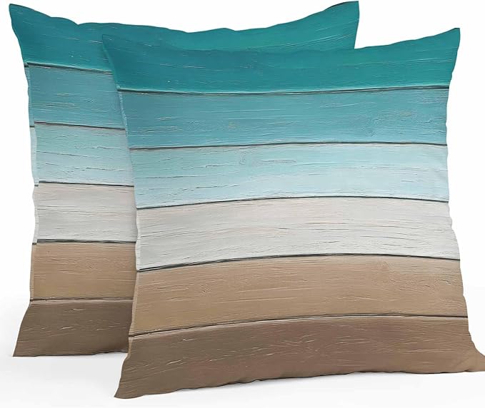 Teal Brown Outdoor Pillow Covers 18x18 Inch Throw Pillow Covers Set of 2 Waterproof Decorative Pillow Cases Rustic Vintage Abstract Ombre Wooden Plank Cushion Covers for Patio Furniture Garden Couch
