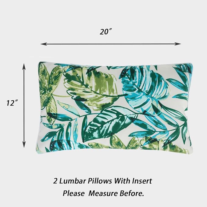 Water Resistant Outdoor Lumbar Pillows for Patio Furniture,12x20 Inch Decorative Pillows Set of 2 with Insert,Hidden Zipper Headrests for Sofa Couch Chair(Palm Leaf)