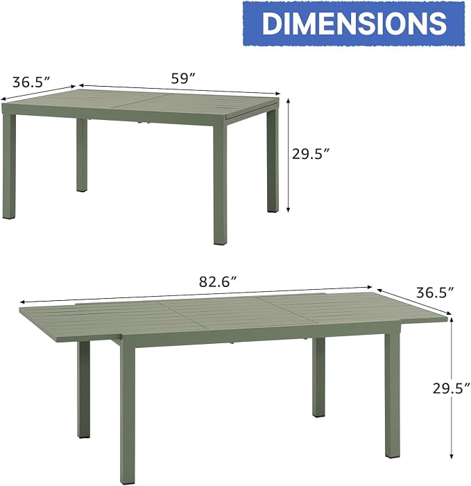 Soleil Jardin Aluminum Patio Extendable Dining Table, 59" - 83", Adjustable Indoor Outdoor Furniture Rectangle Table for 6-8 Person Porch Deck Garden, Green