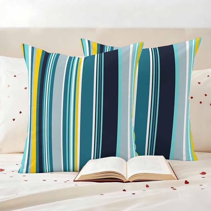 Teal Yellow Stripes Outdoor Pillow Covers Set of 2 Lines Art Waterproof Throw Pillow Cover Decorative Cushion Cases for Patio Porch Garden 24X24 Inch