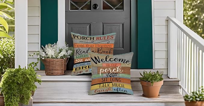 Decorative Outdoor Pillow Covers Porch Rules Sign Farmhouse Throw Pillow Covers, Square Linen Patio Cushion Cases for Couch Bench Seat Chair Car 18x18 Inch