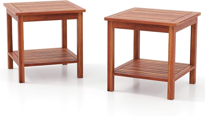 HAPPYGRILL Wood Outdoor Side Table Set of 2, Patio Square End Table, Sturdy Acacia Wood Coffee Table for Porch, Poolside, Backyard, Garden, Balcony, Living Room