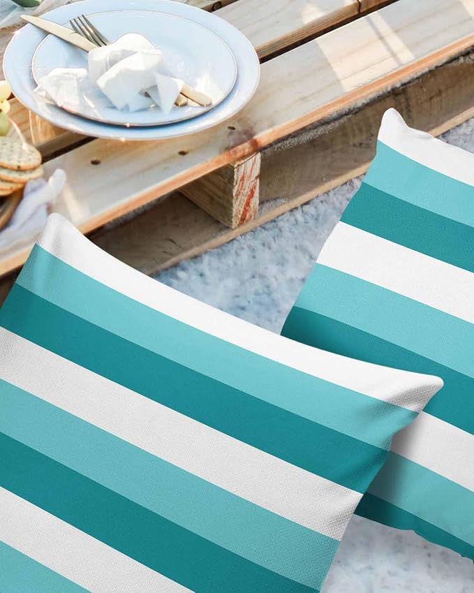 Pack of 2 Turquoise Green Stripe Outdoor Pillow Waterproof Covers 26x26 inch, Modern Art Polyester Throw Pillow Covers Garden Cushion Decorative Case for Patio Couch Decoration