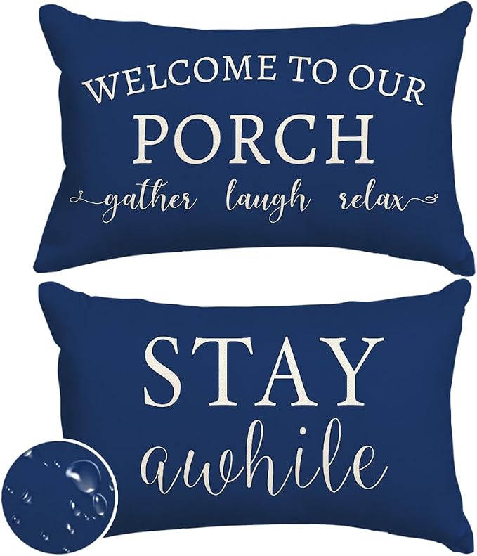 RABUSOFA Welcome to Our Porch Decor Outdoor Pillow Covers Waterproof,12x20 Set of 2 Blue and Cream Stay Awhile Relax Lumbar Cushion Case Decorations for Patio Couch (Blue)