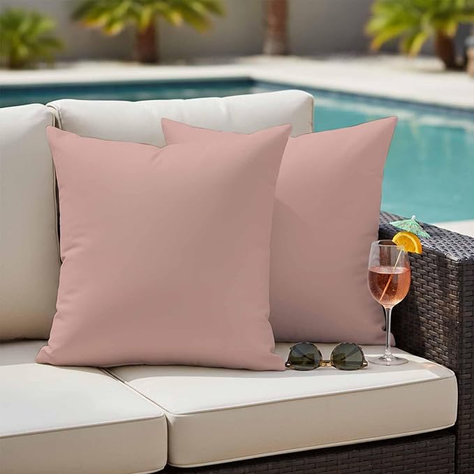 Outdoor Pillow Covers 24 x 24 Inches, Pink Pure Color Waterproof Throw Pillow Cover Set of 2, Aesthetics Contemporary Luxury Decorative Square Cushion Covers for Patio/Couch/Garden