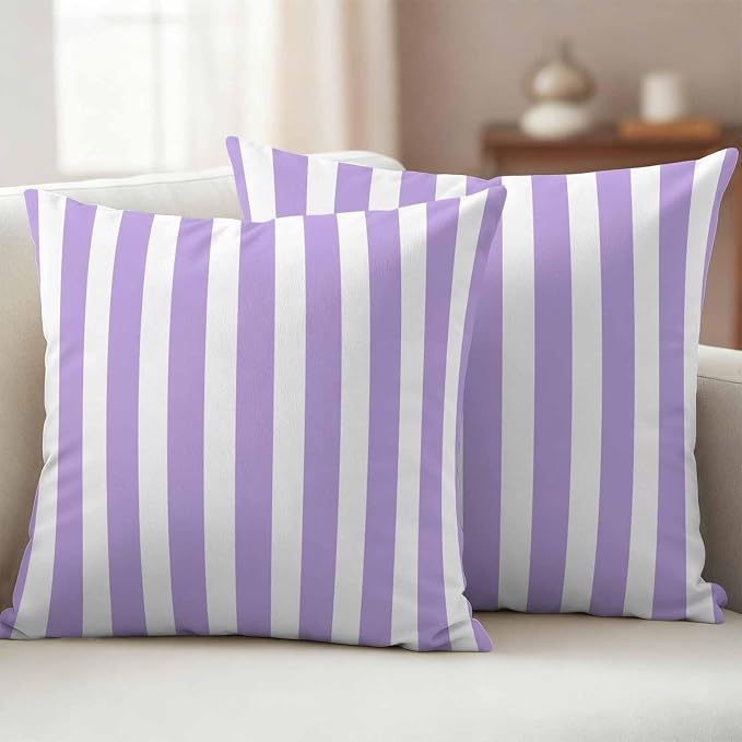 Purple Striped Outdoor Waterproof Throw Pillow Covers 26x26 Set of 2, Modern Farmhouse Purple White Stripes Decorative Pillowcases Cushion Pillowcase for Couch Sofa Patio Outside Pillow Protector