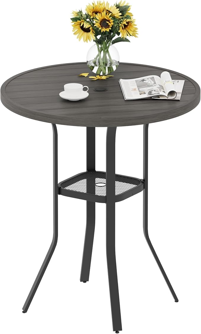 VICLLAX Patio Bar Height Table, Outdoor Round Bar Table with Umbrella Hole for Balcony, Porch, Deck, 37" Grey