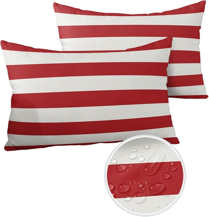 Outdoor Pillows Christmas Stripes Red Waterproof Outdoor Pillow Covers Geometric Red White Polyester Throw Pillow Covers Garden Cushion Decorative Case for Patio Couch Decoration Set of 2