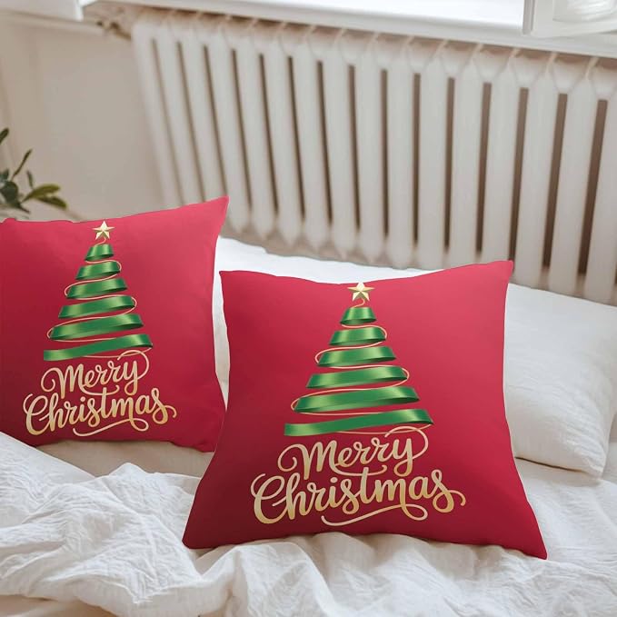 Red Christmas Tree Outdoor Pillow Covers 24 x 24 Inches, Green Xmas Tree with Star Waterproof Throw Pillow Cover Set of 2, Christmas Red Decorative Square Cushion Covers for Patio/Couch/Garden