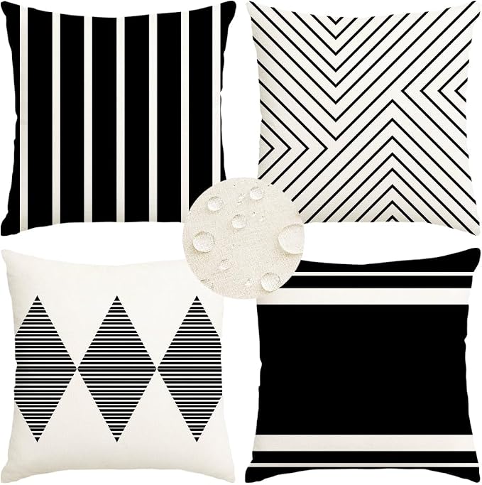 Outdoor Pillows Covers 16x16 Waterproof,Black and Beige Set of 4(No Insert) | for Covered Patio Furniture Couch Sunbrella,No Insert Just Covers,Durable Polyester,Fit 16x16 inch Inserts or Smaller,Boho