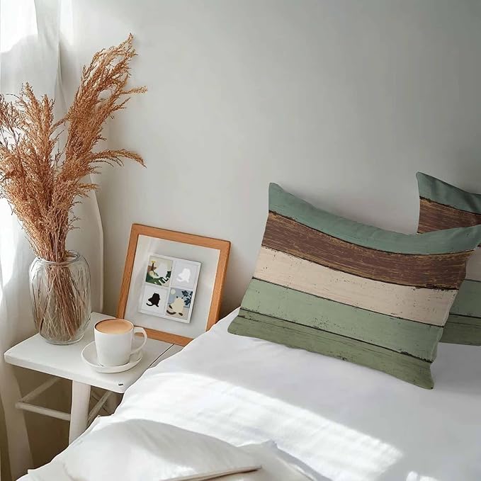 Vandarllin Outdoor Throw Pillow Covers 12X20 Set of 2 Waterproof Sage Green Brown Decorative Zippered Cushion Covers for Patio Furniture, Farmhouse Retro Rustic Barn Wood Texture Lumbar Pillowcases