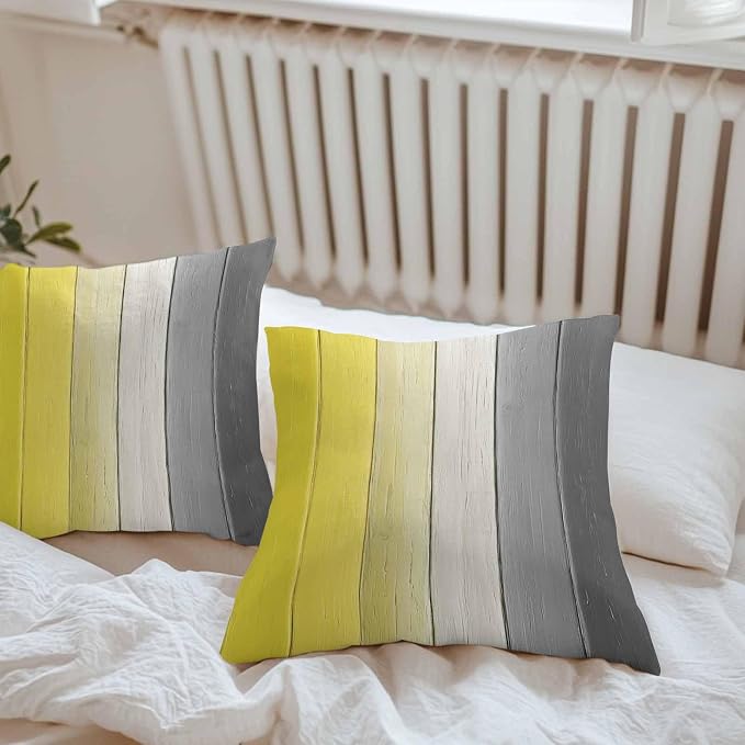 Throw Pillow Covers 16x16 Inch Set of 2, Yellow Gray Ombre Waterproof Outdoor Cushion Covers, Vintage Country Wooden Decorative Pillowcases for Couch, Sofa, Bed, Garden, Patio