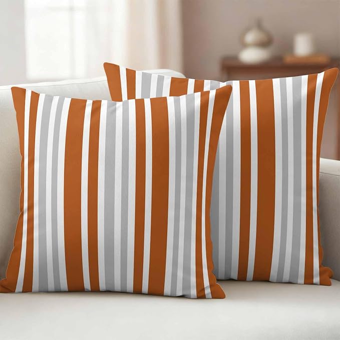 Burnt Orange Grey Stripe Outdoor Pillow Covers 18x18 Inch Throw Pillow Covers Set of 2 Waterproof Decorative Pillow Cases Farmhouse Minimalist Striped Cushion Covers for Patio Furniture Garden Couch