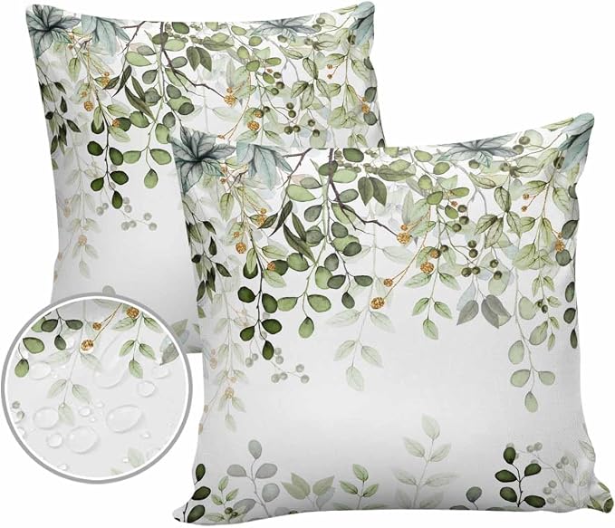 Outdoor Pillows 18x18 Waterproof Outdoor Pillow Covers Elegant Spring Leaf Plant Polyester Throw Pillow Covers Garden Cushion Decorative Case for Patio Couch Decoration Set of 2 Green Gold
