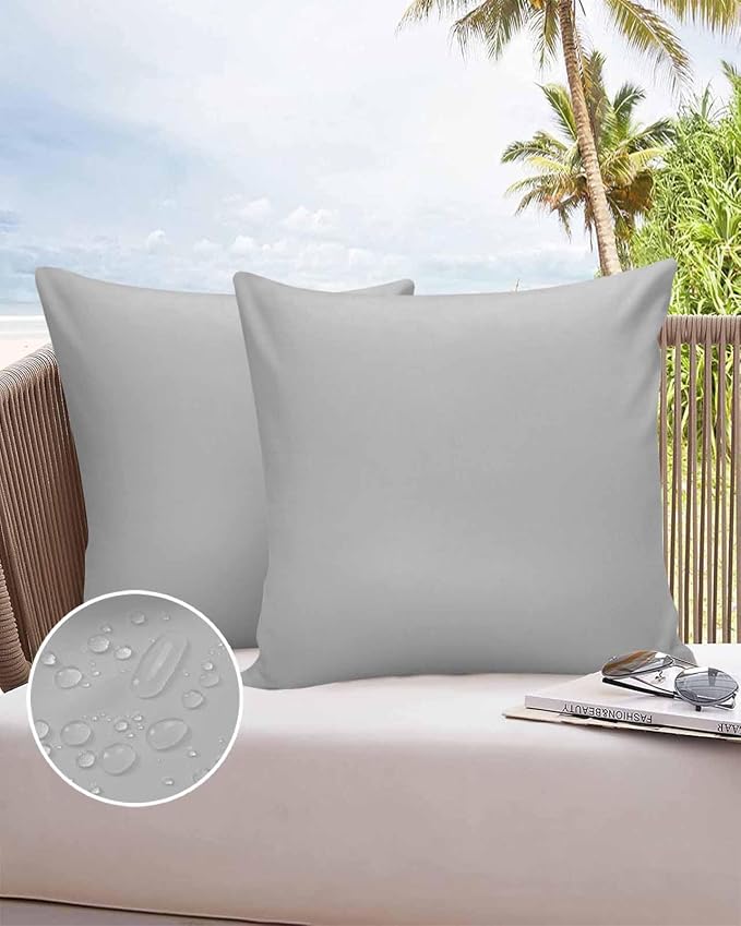 Outdoor Waterproof Throw Pillow Covers Set of 2 Gray Pillowcases 16x16 Inches Simple Style Patio Decorative Pillows Cushion Case Patio Pillows for Couch Bed Chair Garden