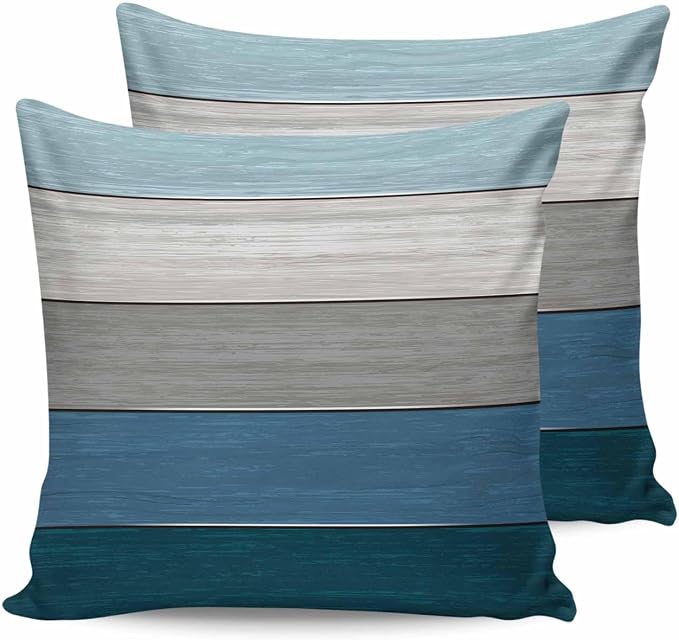 Outdoor Throw Pillow Covers 20X20 Set of 2 Waterproof Ombre Blue Gray Decorative Zippered Cushion Covers for Patio Furniture, Farmhouse Retro Rustic Barn Wood Texture Lumbar Pillowcases Ocean Hues