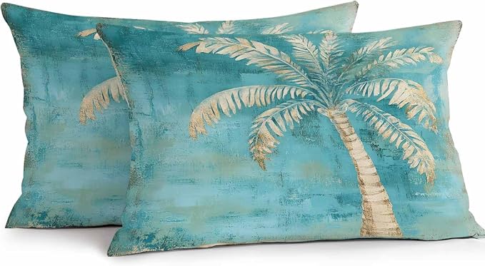 Coastal Beach Tree Green Outdoor Waterproof Pillow Covers, Vintage Tropical Flower Plant Decorative Rectangle Throw Pillowcase Sofa Cushion Sham for Patio/Couch/Chair, 20"x12" 2 Pack