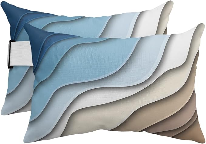 Geometric Ombre Lounge Pillows Outdoor, Aesthetic Blue Brown White Gradient Abstract Head Pillows, Modern Waterproof Patio Furniture Lumbar Pillows with Adjustable Elastic Strap for Recliner Beach