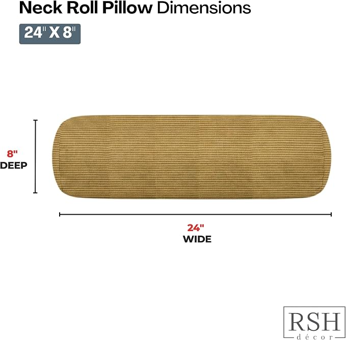 RSH DECOR: Neck Roll Jumbo Bolster Pillows Set of 2 | 24” x 8" | All-Weather Spun Fabric | Water and Fade-Resistant | Outdoor Support Pillows for Patio Furniture | Made in USA (Luca Rib Pecan)