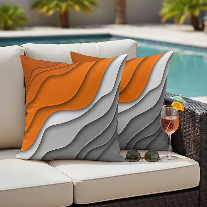 Abstract Beach Outdoor Pillow Covers Set of 2 Aesthetic Grey to Orange Gradient Waterproof Throw Pillow Cover Decorative Cushion Cases for Patio Porch Garden 26X26 Inch