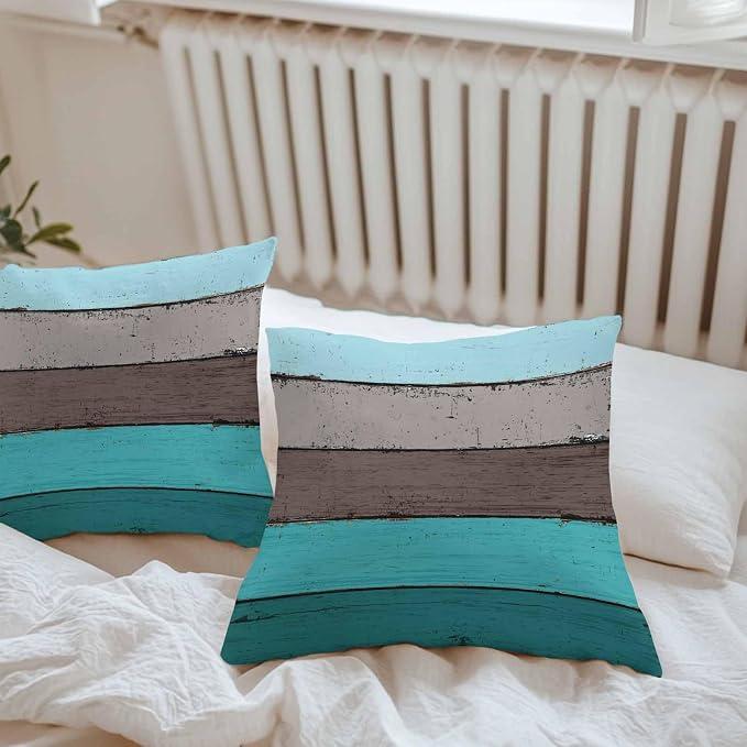 Outdoor Throw Pillow Covers 16X16 Set of 2 Waterproof Ombre Peacock Blue Gray Decorative Zippered Cushion Covers for Patio Furniture, Farmhouse Retro Rustic Barn Wood Texture Lumbar Pillowcases