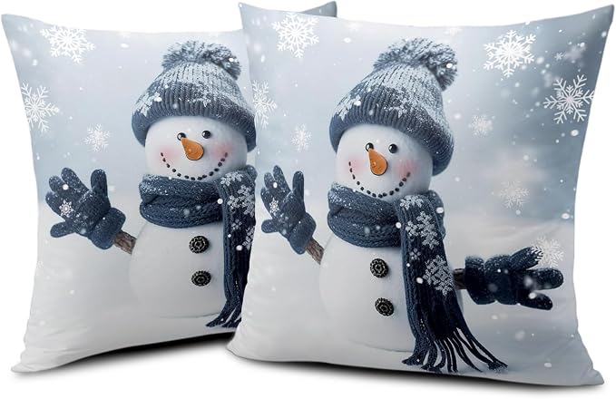 Blue Snowman Pillow Covers Set of 2 Winter Pillow Covers 20x20 Holiday Decorative Throw Pillows Protector Cotton Blend for Indoor Couch Patio