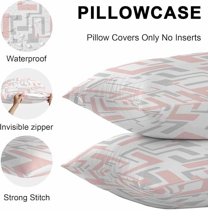Vandarllin Outdoor Throw Pillows Covers 18x18 inch Set of 2 Waterproof Pink Geometric Stripes Decorative Zippered Cushion Covers for Patio Furniture, Modern Abstract Lines Lumbar Pillowcases