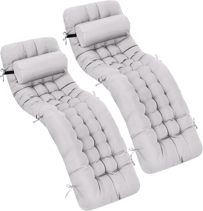 Tudomro Outdoor Chaise Lounge Cushion 66x21x4'' Waterproof & Fade-Resistant Patio Pool Chaise Lounge Cushion Headrest Pillow Tie Replacement Rocking High Back Chair(Light Gray,Set of 2)
