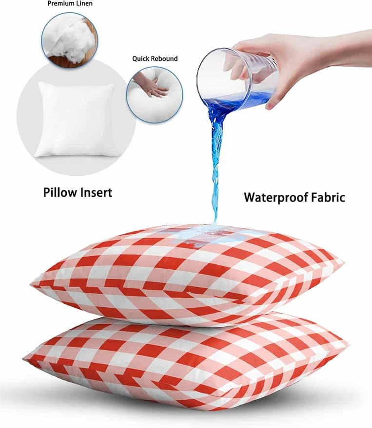 Waterproof Outdoor Pillow 1 Pack Red Buffalo Plaid Decorative Throw Pillows Cover & Insert 18x18 Inch Pillowcase Check Lines Square Pillows for Couch Sofa Bed Patio Furniture Indoor Outdoor