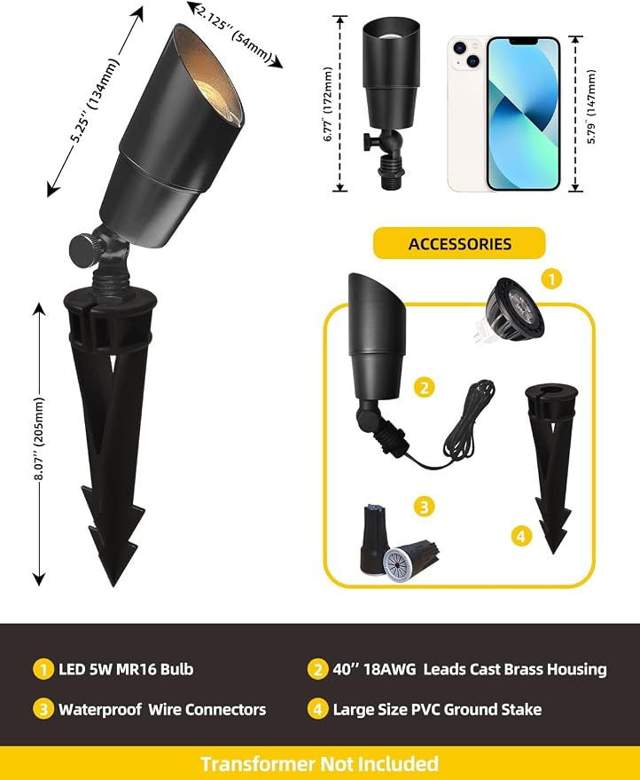 COLOER Brass Low Voltage Landscape Spotlight Fixture(Black) 4-Pack with Bulb,12V AC/DC Outdoor Spot Lights for Yard, Directional Garden Patio Spot Up Light(101B-Black)