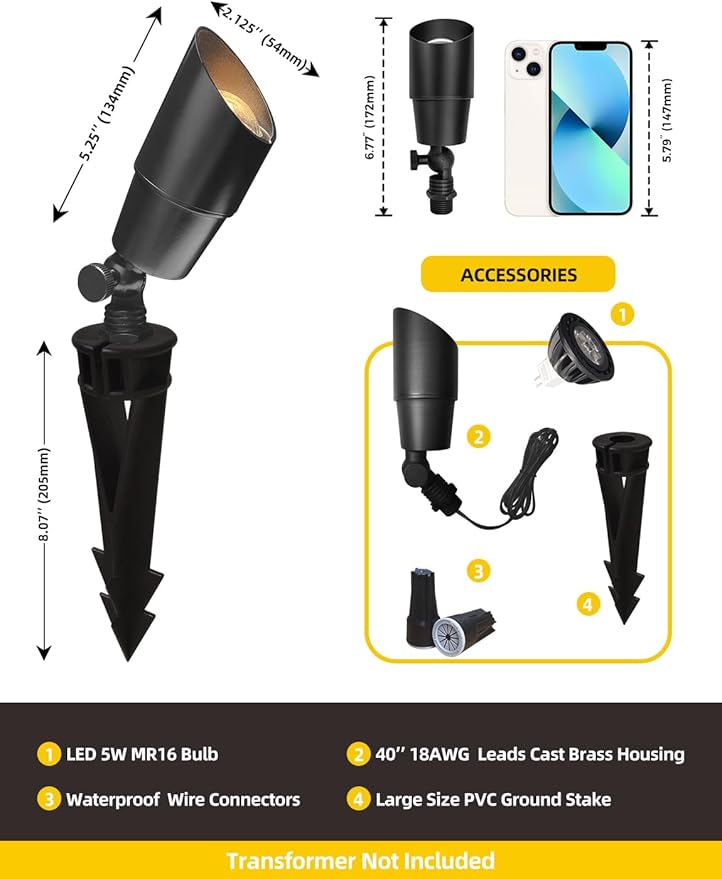 COLOER Brass Low Voltage Landscape Spotlight(Black) 6-Pack with 5W Aluminum Housing MR16 LED Bulb 2700K 450LM CRI85+,12V AC/DC Outdoor Uplighting, Directional Garden Patio Spot Up Light(101B-Black)