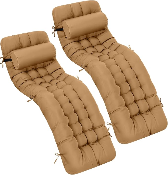Tudomro Outdoor Chaise Lounge Cushion 66x21x4'' Waterproof & Fade-Resistant Patio Pool Chaise Lounge Cushion Headrest Pillow Tie Replacement Rocking High Back Chair(Brown,Set of 2)