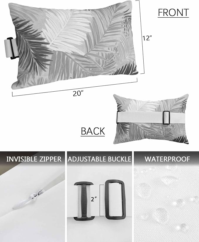 Outdoor Pillows Waterproof Covers Set of 2, Black Palm Leaves Adjustable Elastic Chaise Lounge Head Resting Pillows, Tropical Leaf Plant Lumbar Pillow for Pool Beach Patio Furniture 20x12 Inch