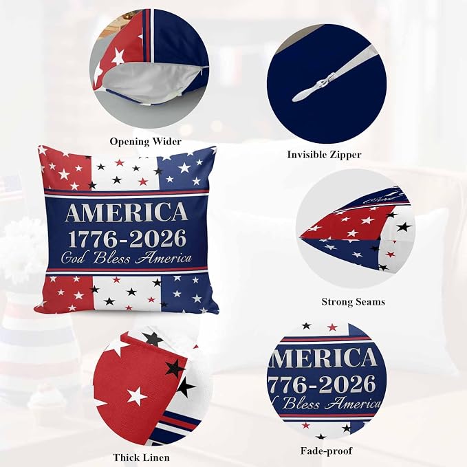 America 250th Anniversary Outdoor Pillow Covers 20"x20" Set of 2, God Bless America Patriotic Star Strip Waterproof Throw Pillow Covers for Patio Furniture, Decorative Cushion Covers for Porch