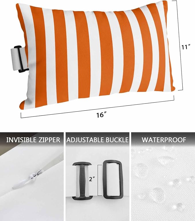 DecorLovee Burnt Orange Striped Outdoor Recliner Pillows for Head, Thanksgiving Waterproof Chair Pillow with Elastic Stripe, Farmhouse Orange Stripes Chaise Lounge Pillow for Patio/Pool 1Pack, 11"x16"