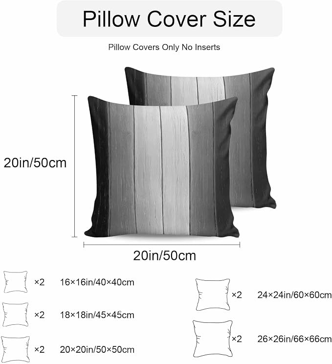 Throw Pillow Covers 18x18 Inch Set of 2, Black Gray Ombre Waterproof Outdoor Cushion Covers, Vintage Country Wooden Decorative Pillowcases for Couch, Sofa, Bed, Garden, Patio