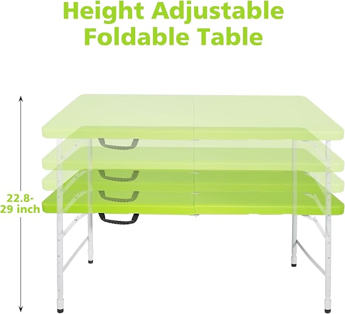 Anwick 4 Foot Folding Table Portable Fold-in-Half Plastic Picnic Table w/Handle and Steel Legs for Indoor, Outdoor, Camping, Party, Garden (Green, 4ft)