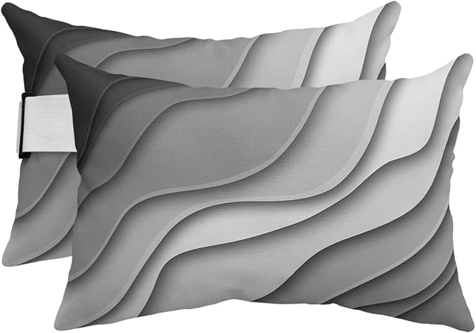 Geometric Ombre Lounge Pillows Outdoor, Aesthetic Black Grey White Gradient Abstract Head Pillows, Modern Waterproof Patio Furniture Lumbar Pillows with Adjustable Elastic Strap for Recliner Beach
