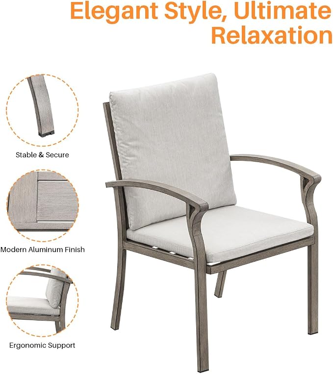 Patio Dining Chairs Set of 4, Never-Rust Aluminum Outdoor Dining Chairs with Cushion, Patio Outdoor Chair Set for Table, Patio Chair Furniture Set for Deck, Backyard, Garden, Pool, Limed Oak