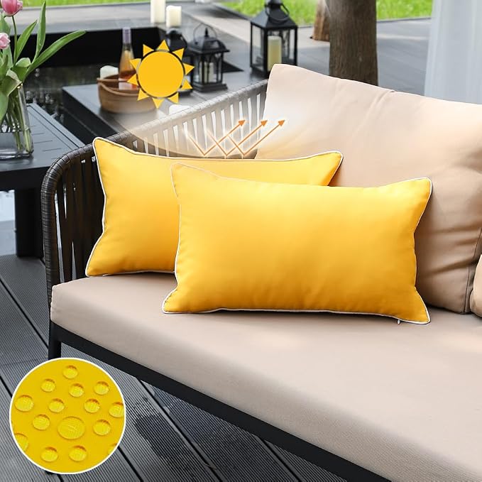 JOJOGOGO Mustard Yellow Waterproof Sun Fade Resistant Lumbar Pillow Covers 12x20 Set of 2, Bright Yellow Summer Outdoor Decorative Pillows 20 x 12 for Patio Furniture (with White Piping)