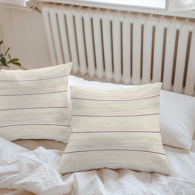 Vandarllin Outdoor Throw Pillow Covers 16X16 Set of 2 Waterproof Ivory White Decorative Zippered Cushion Covers for Patio Furniture, Farmhouse Retro Rustic Barn Wood Texture Lumbar Pillowcases