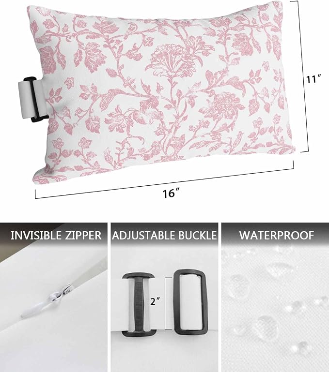 Pack of 4 Outdoor Lumbar Pillow Covers 11x16 Inch, Pink Flower Waterproof Throw Pillow Covers Set, Vintage Farmhouse Boho Leaf Spring Solid Indoor&Outdoor Cushion Cases for Patio Porch Beach