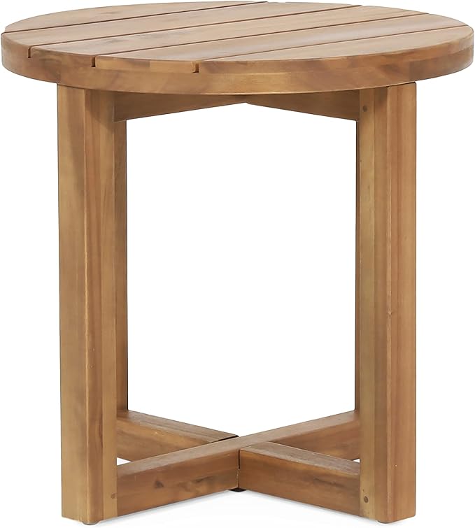 Merax Acacia Outdoor Wood Round Accent Side Table, Cross Base Design with Slat Detailing, Weather-Resistant, Teak
