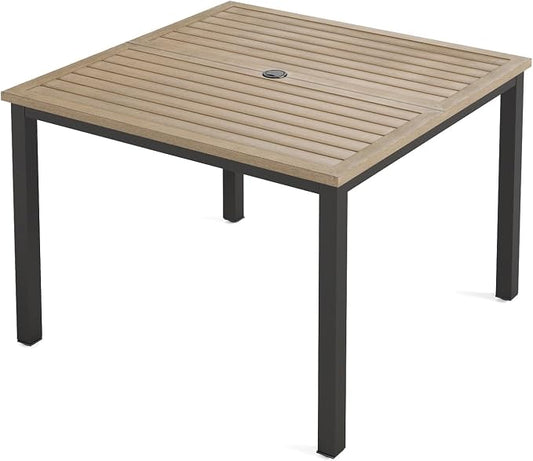MFSTUDIO 42" Square Outdoor Dining Table, Patio Furniture Wood-Like Tabletop with Adjustable Umbrella Hole for Deck,Backyard,Lawn,Garden