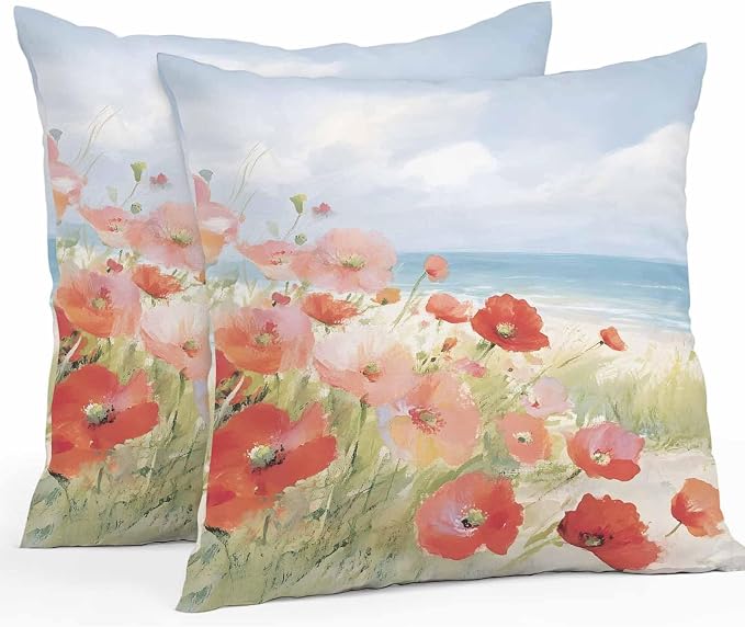Spring Red Pink Floral Outdoor Pillow Covers 20x20 Inch Throw Pillow Covers Set of 2 Waterproof Decorative Pillow Cases Summer Coastal Beach Wave Ocean Blue Cushion Covers for Patio Furniture Garden