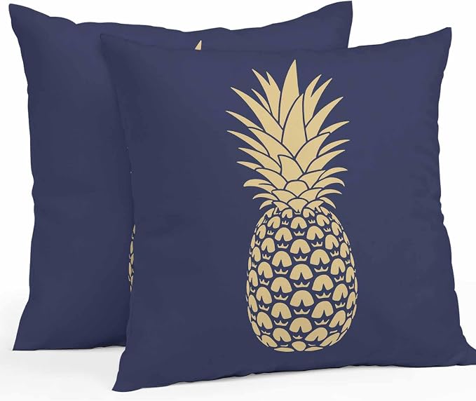 Yellow Pineapple Outdoor Waterproof Pillow Covers, Summer Fruits Navy Blue Decorative Square Throw Pillowcase Sofa Cushion Sham for Patio/Couch/Chair, 26"x26" 2 Pack