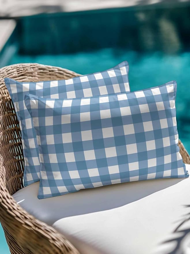 Waterproof Outdoor Pillow 1 Pack Buffalo Plaid Decorative Throw Pillows Cover & Insert 20x12 Inch Lumbar Pillowcase Blue Check Lines Pillows for Couch Sofa Bed Patio Furniture Indoor Outdoor